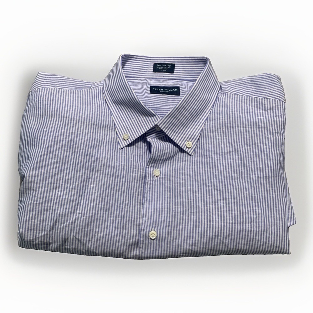 Peter Millar Collection Shirt XXL Mens Blue White Striped Linen Cotton LS EUC